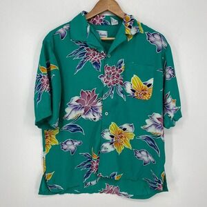 Islander Mens Large Teal Tropical Floral Rayon Short Sleeve Hawaiian Camp Shirt